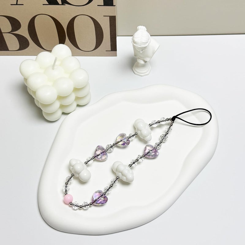 WCCH Beaded Phone Charm Y2K Kawaii Handmade Acrylic Phone Lanyard Wrist Strap for Camera Bag Airpods Keychain Charm Light Purple Heart and White Cloud - Image 2